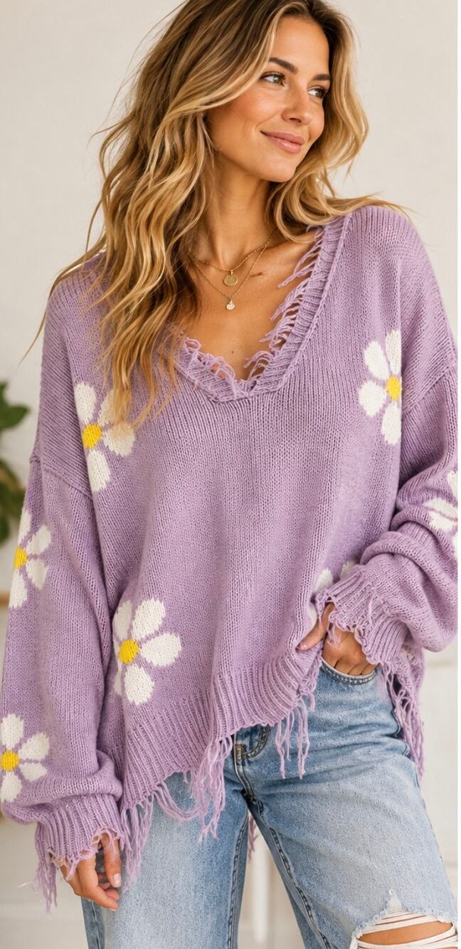 Just Polly Lavender Daisy Distressed Oversized Boho Sweater M